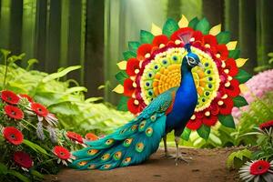 a peacock is standing in a forest surrounded by flowers. AI-Generated photo