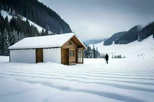 a man stands in front of a small cabin in the snow. AI-Generated photo
