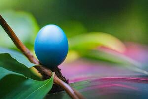 a blue egg on a plant. AI-Generated photo