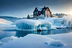 a house is surrounded by ice in the winter. AI-Generated photo