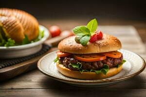 a hamburger with tomatoes and lettuce on a plate. AI-Generated photo