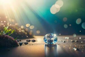 a diamond sitting on the ground with a light shining on it. AI-Generated photo