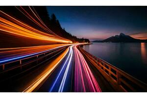 un largo exposición fotografía de un coche conducción en un carretera. generado por ai foto