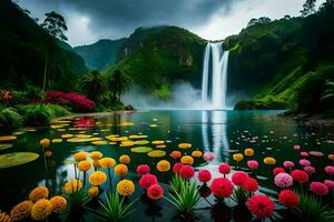 hermosa cascada, flores, agua, naturaleza, cascada, hd fondo de pantalla. generado por ai foto