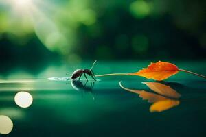 a bug on a leaf in the water with a leaf. AI-Generated photo
