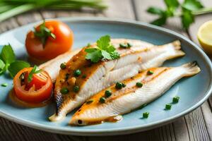 pescado en un plato con Tomates y hierbas. generado por ai foto