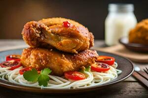 pollo alas en un plato con tallarines y Tomates. generado por ai foto