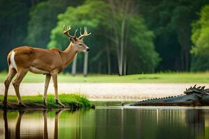 a deer and an alligator standing in the water. AI-Generated photo