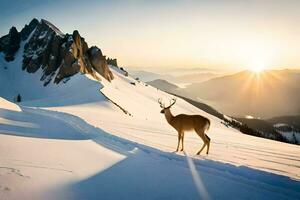 un ciervo soportes en un Nevado montaña a puesta de sol. generado por ai foto