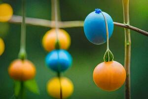 colorful easter eggs hanging from a branch. AI-Generated photo