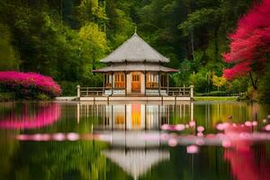 un Kiosko se sienta en el borde de un lago rodeado por rosado flores generado por ai foto