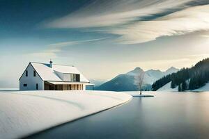 un casa se sienta en el borde de un lago en el nieve. generado por ai foto