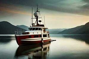 a red and white boat is docked in the water. AI-Generated photo