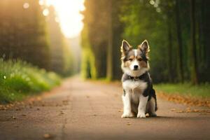 un perro sentado en el la carretera en el medio de un bosque. generado por ai foto