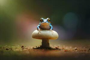 a blue frog sitting on top of a mushroom. AI-Generated photo