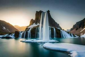 the sun rises over a waterfall in iceland. AI-Generated photo