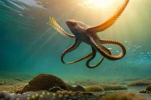 an octopus swimming in the ocean with sunlight shining on it. AI-Generated photo