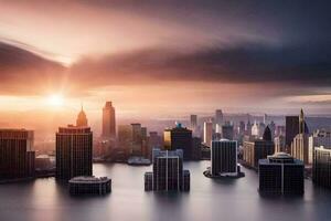 un ciudad horizonte es visto en el distancia con agua. generado por ai foto