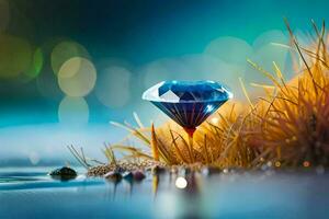 a diamond is sitting on the ground in the water. AI-Generated photo