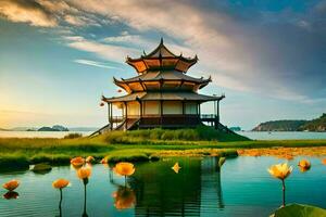 the pagoda is surrounded by water lilies and a small island. AI-Generated photo