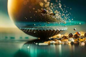 a glass ball with gold and diamonds floating in water. AI-Generated photo