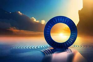 a blue ring on the water with a sunset in the background. AI-Generated photo