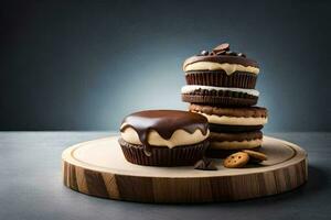 a stack of three chocolate cupcakes on a wooden plate. AI-Generated photo