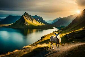 a deer stands on the side of a mountain overlooking a lake. AI-Generated photo