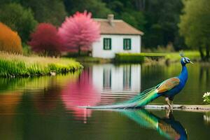 a peacock is standing on a dock in front of a house. AI-Generated photo