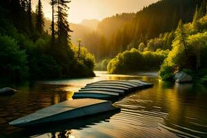 a wooden dock in the middle of a river. AI-Generated photo