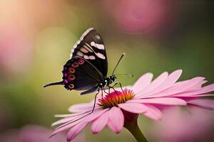 un mariposa es sentado en un rosado flor. generado por ai foto