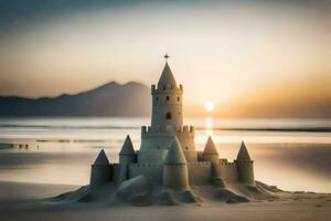 a sand castle on the beach at sunset. AI-Generated photo