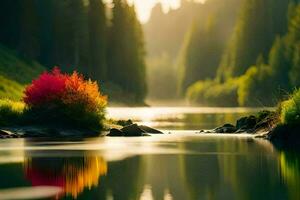 un vistoso árbol es sentado en el borde de un río. generado por ai foto