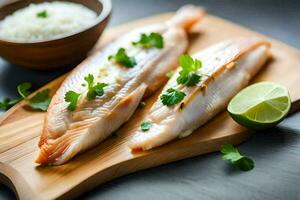 two fish fillets on a cutting board with rice and lime. AI-Generated photo