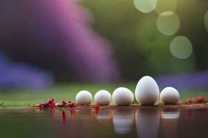 five eggs are lined up in a row on the ground. AI-Generated photo