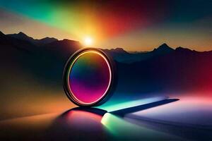 un circular lente con un arco iris ligero brillante mediante él. generado por ai foto