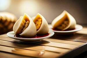 dos pequeño platos con empanadillas en un de madera mesa. generado por ai foto