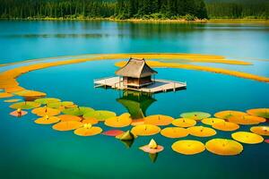 a lake with many water lily pads floating on it. AI-Generated photo