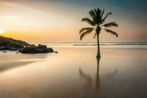 a lone palm tree stands on the beach at sunset. AI-Generated photo