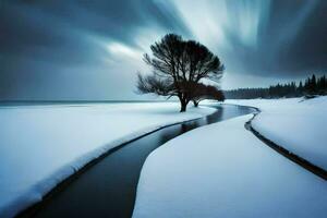 un árbol es en pie en el nieve siguiente a un río. generado por ai foto