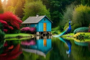 a blue house with a peacock standing in front of it. AI-Generated photo