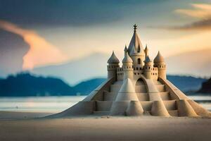 a sand castle on the beach at sunset. AI-Generated photo