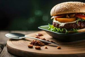 a hamburger with vegetables and cheese on a plate. AI-Generated photo