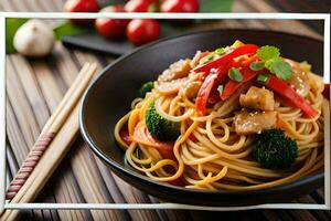 a bowl of noodles with vegetables and chopsticks. AI-Generated photo