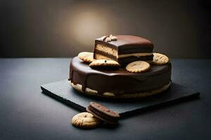 un chocolate pastel con galletas en cima. generado por ai foto