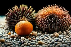 a close up of two spiky balls and an orange. AI-Generated photo