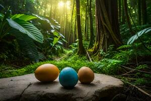 three eggs in the forest with sunlight shining through. AI-Generated photo