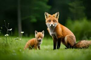 a mother and her young fox in the grass. AI-Generated photo