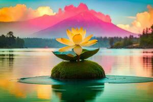 un loto flor en el agua con un montaña en el antecedentes. generado por ai foto