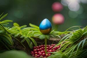 a blue egg is sitting on top of some plants. AI-Generated photo